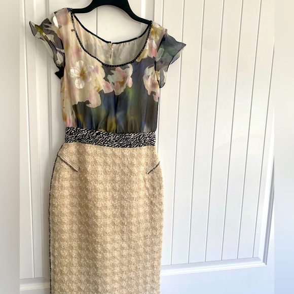 Blue Water Color Floral Silk & Lux Cream French Tweed Mixed Media Dress - Picture 1 of 8